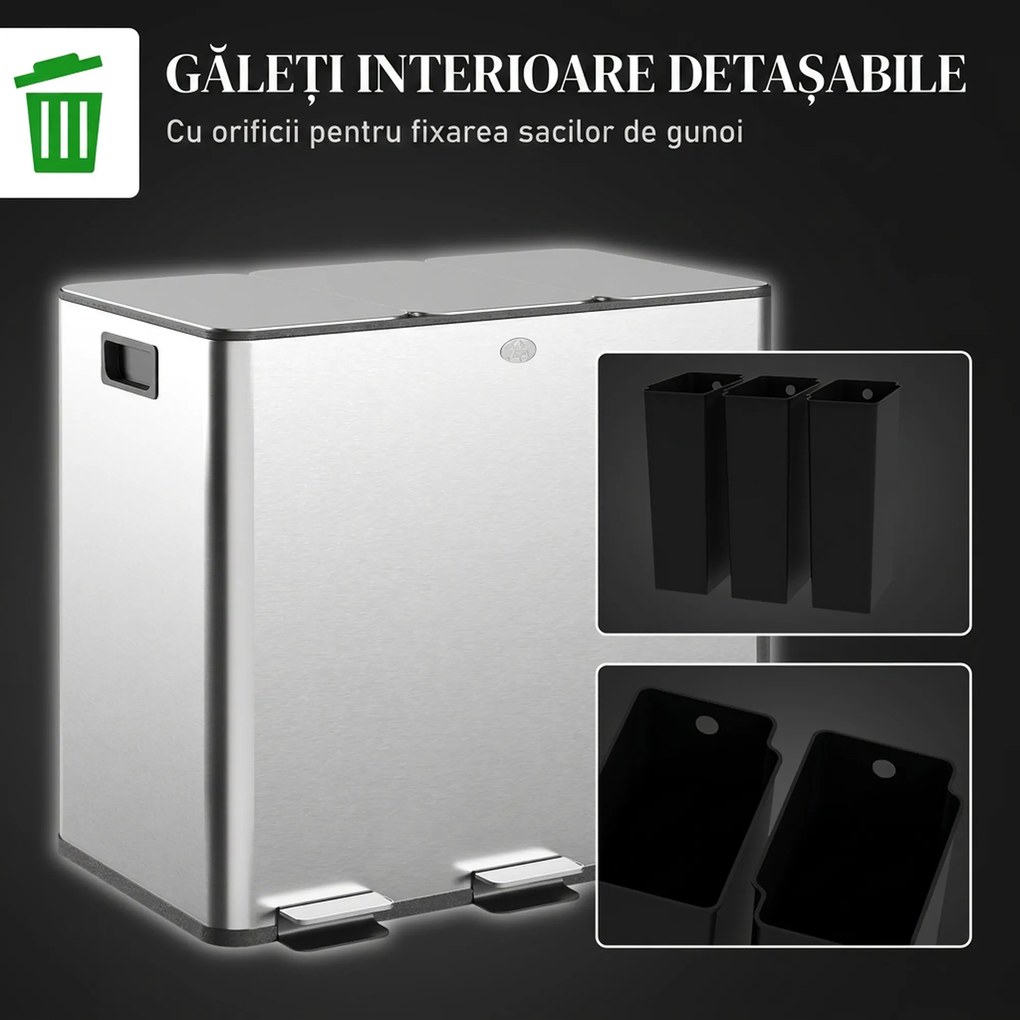 HOMCOM Pubelă de reciclare 45L cu 3 compartimente și închidere silențioasă, din oțel inoxidabil și PP, 61.9x36.6x43.2 cm, argintiu | Aosom Romania