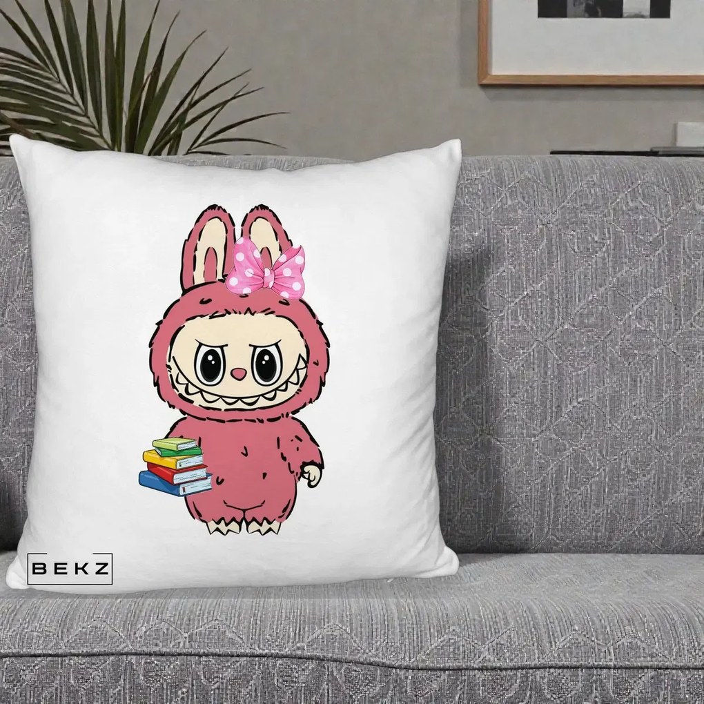 Perna Personalizata Labubu Roz cu Funda si Carti, 40x40 cm, Alb Pufos, Husa Detasabila, Perna Inclusa, BEKZ®