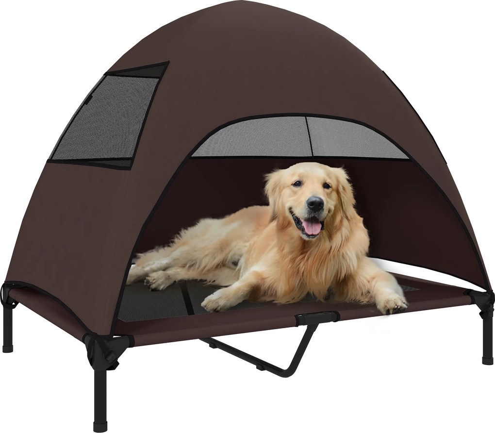 PawHut Pat exterior pentru câini cu acoperiș, Pat ridicat pentru câini mari, 106 x 76 x 99 cm, Cafea | Aosom Romania