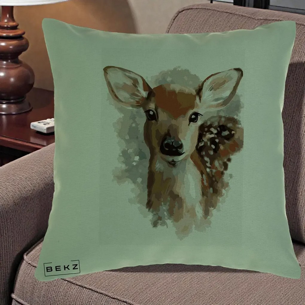 Perna Decorativa Caprioara Pui Acuarela, 40x40 cm, Verde, Husa Detasabila, Perna Inclusa, BEKZ®