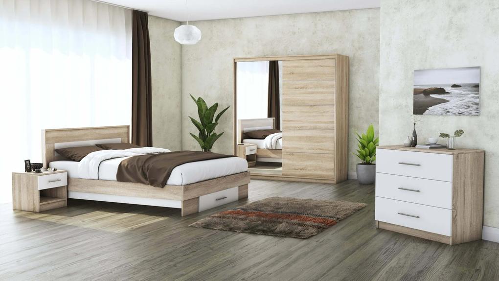 Set Dormitor Beta, Sonoma/Alb, Dulap 183 cm, Pat 160x200 cm, 2 noptiere, comoda