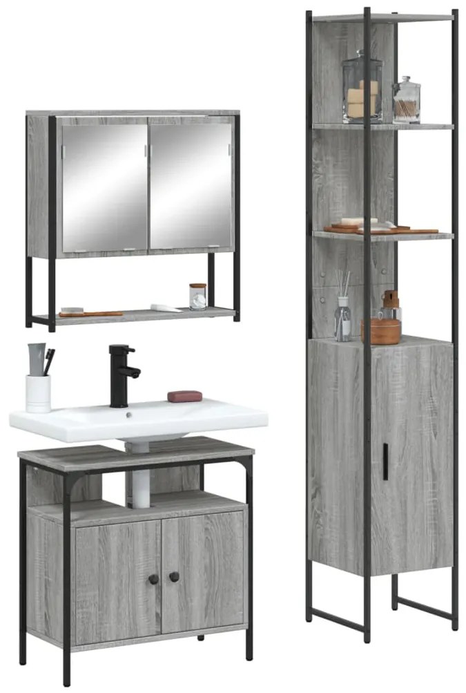 vidaXL Set mobilier de baie, 3 piese, gri sonoma, lemn prelucrat
