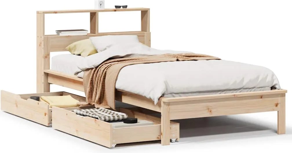 vidaXL Pat cu bibliotecă fără saltea, 75x190 cm, lemn masiv de pin