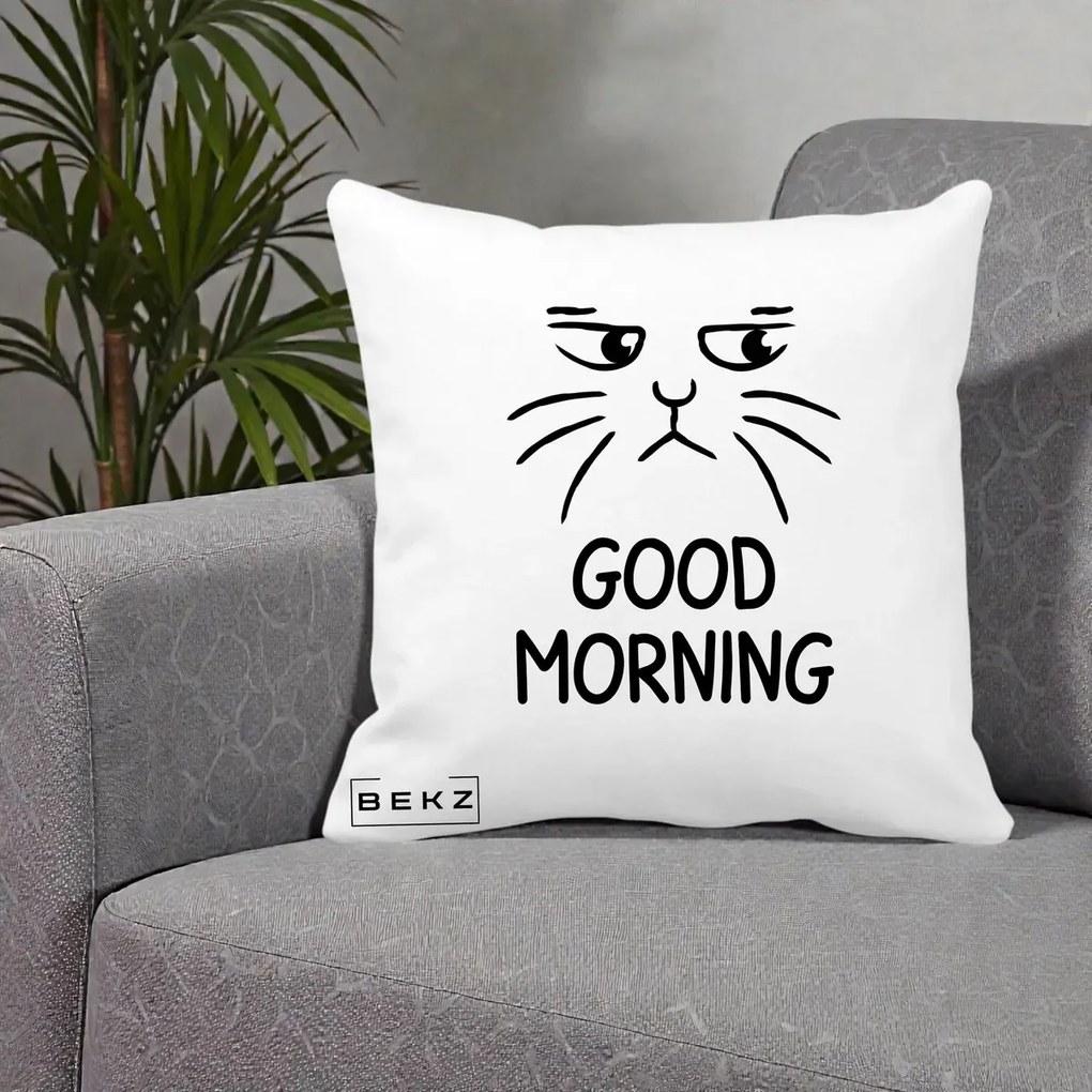 Perna Decorativa Pisica Morocanoasa Good Morning, 40x40 cm, Alba Mata, Husa Detasabila, Perna Inclusa, BEKZ®