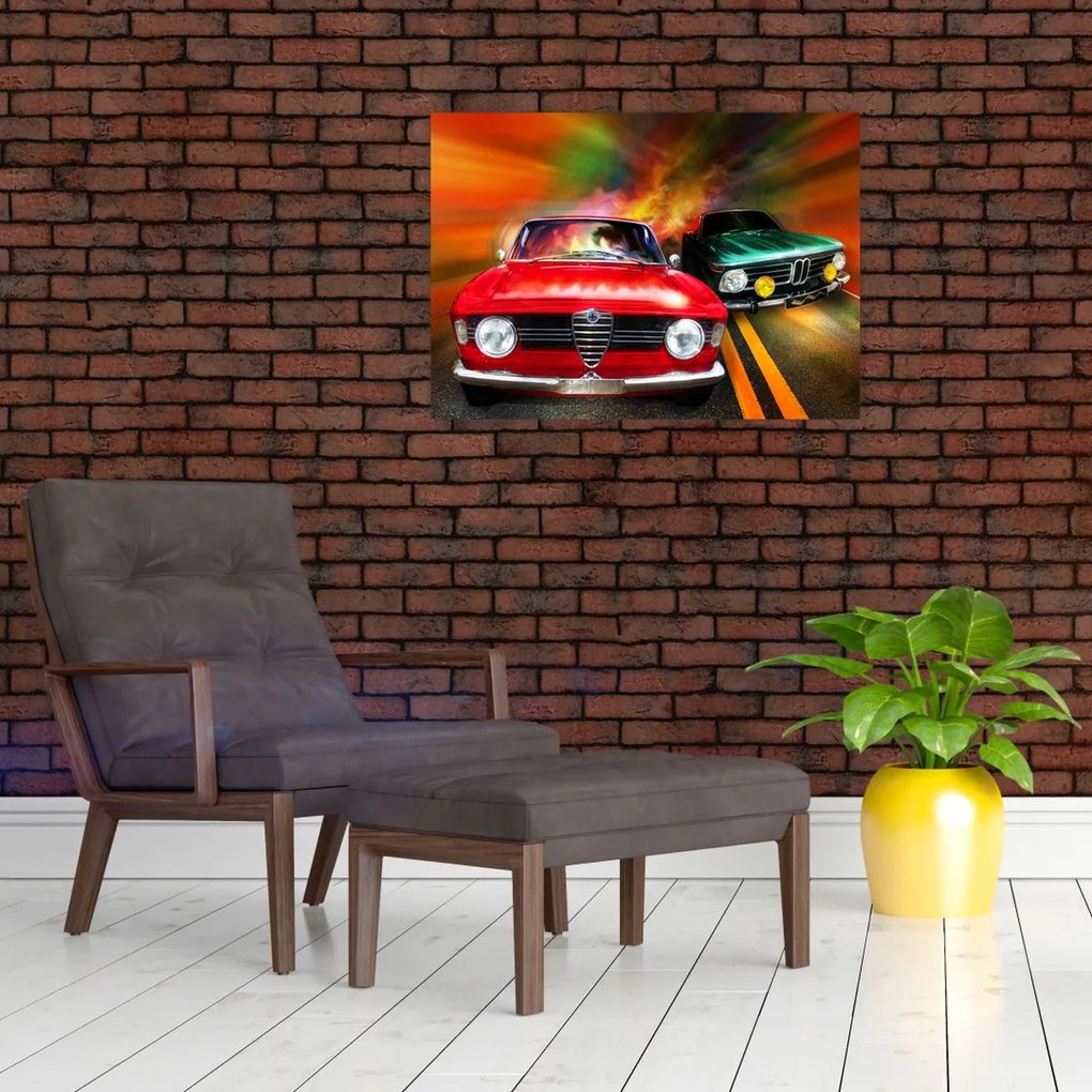 Tablou pe sticlă - Mașini de curse retro (70x50 cm)