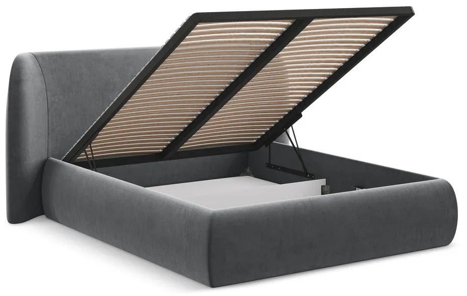 Pat matrimonial gri închis tapițat cu spațiu de depozitare cu somieră 140x200 cm Hauke – Makamii
