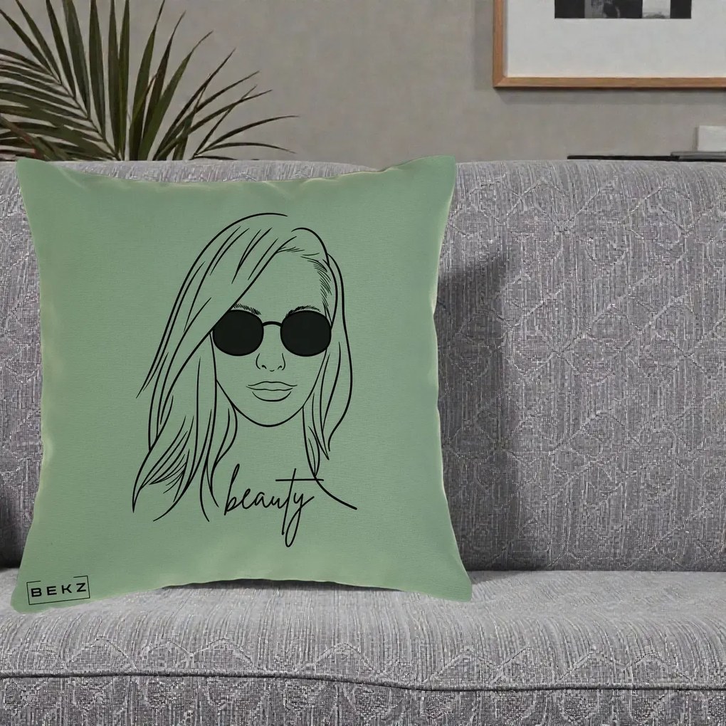 Perna Decorativa Beauty Girl Line Art, 40x40 cm, Verde, Husa Detasabila, Perna Inclusa, BEKZ®