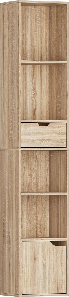HOMCOM Raft Bibliotecă cu 4 Nivele Deschise, cu Dulap și Sertar, 30x24x158 cm, Lemn Natural | Aosom Romania