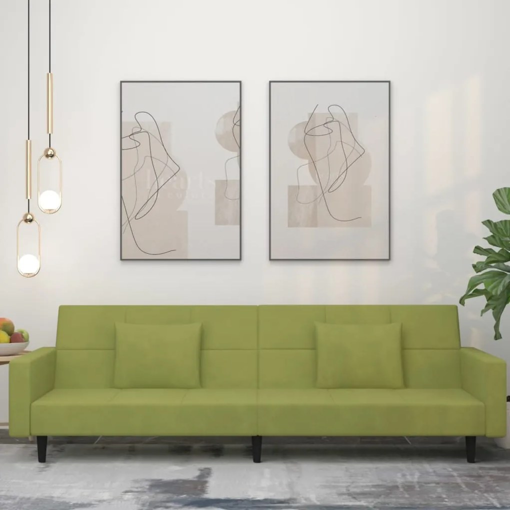337454 vidaXL Canapea extensibilă cu 2 locuri, 2 perne, verde deschis catifea