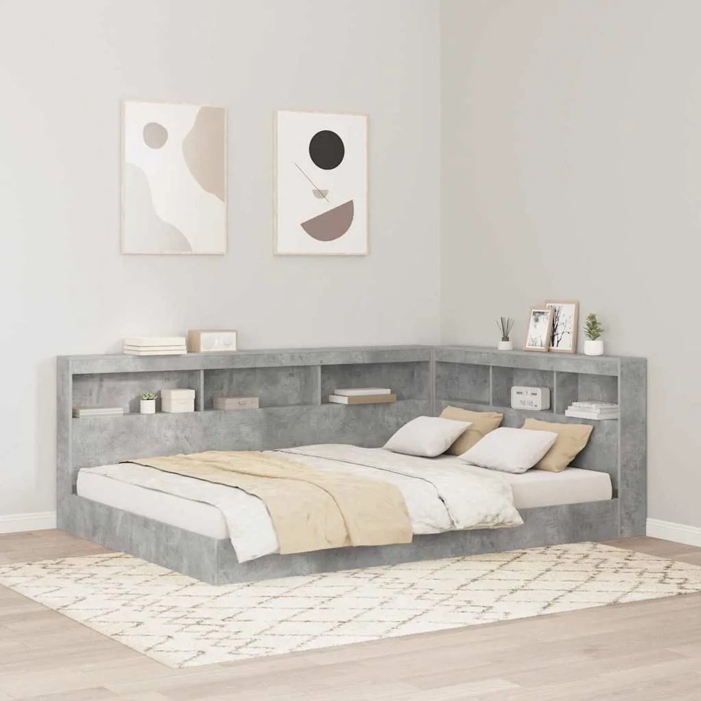 vidaXL Pat cu bibliotecă cu raft 2 pcs Gri beton 160 x 200 cm Melamină