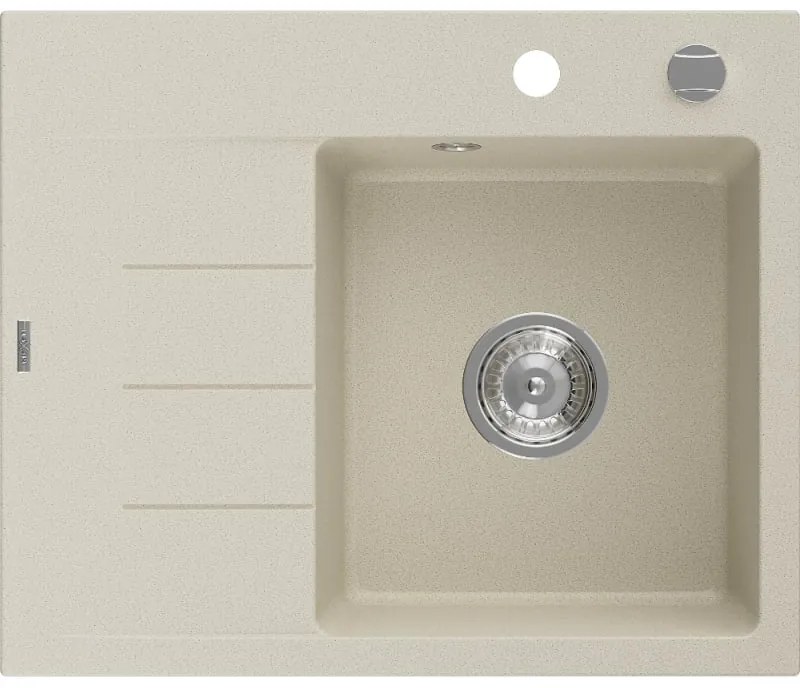 Mexen Ben chiuvetă de bucătărie din granit cu o cuvă și scurgător, dreapta 600 x 500 mm, bej, sifon cromat - 6523605000-69