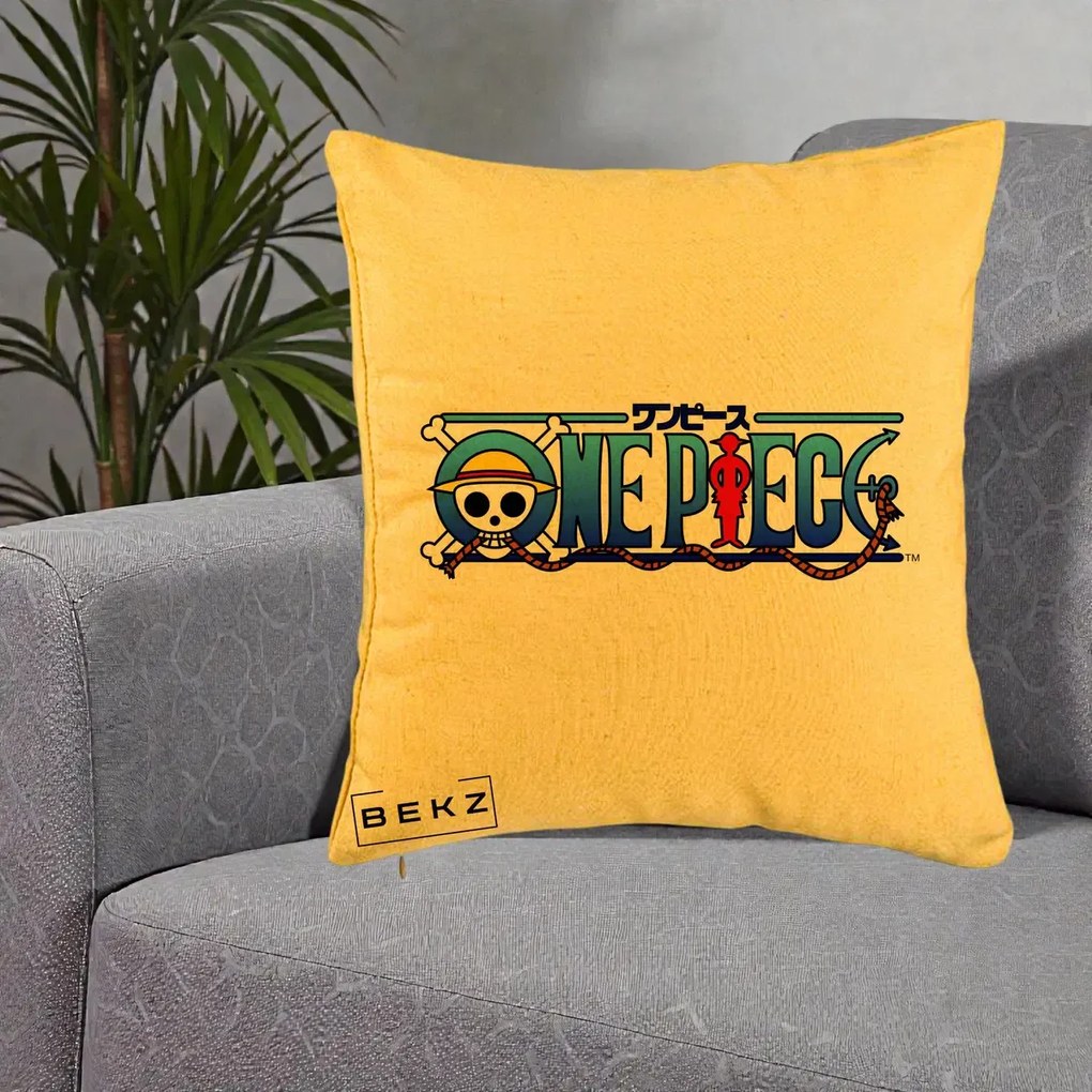 Perna Personalizata One Piece Clasic Albastru, 40x40 cm, Galben, Husa Detasabila, Perna Inclusa, BEKZ®