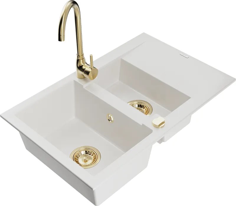 Mexen Gaspar chiuvetă de granit cu 1,5 compartimente și scurgător și baterie de bucătărie Telma, alb - 6507-20-670200-50