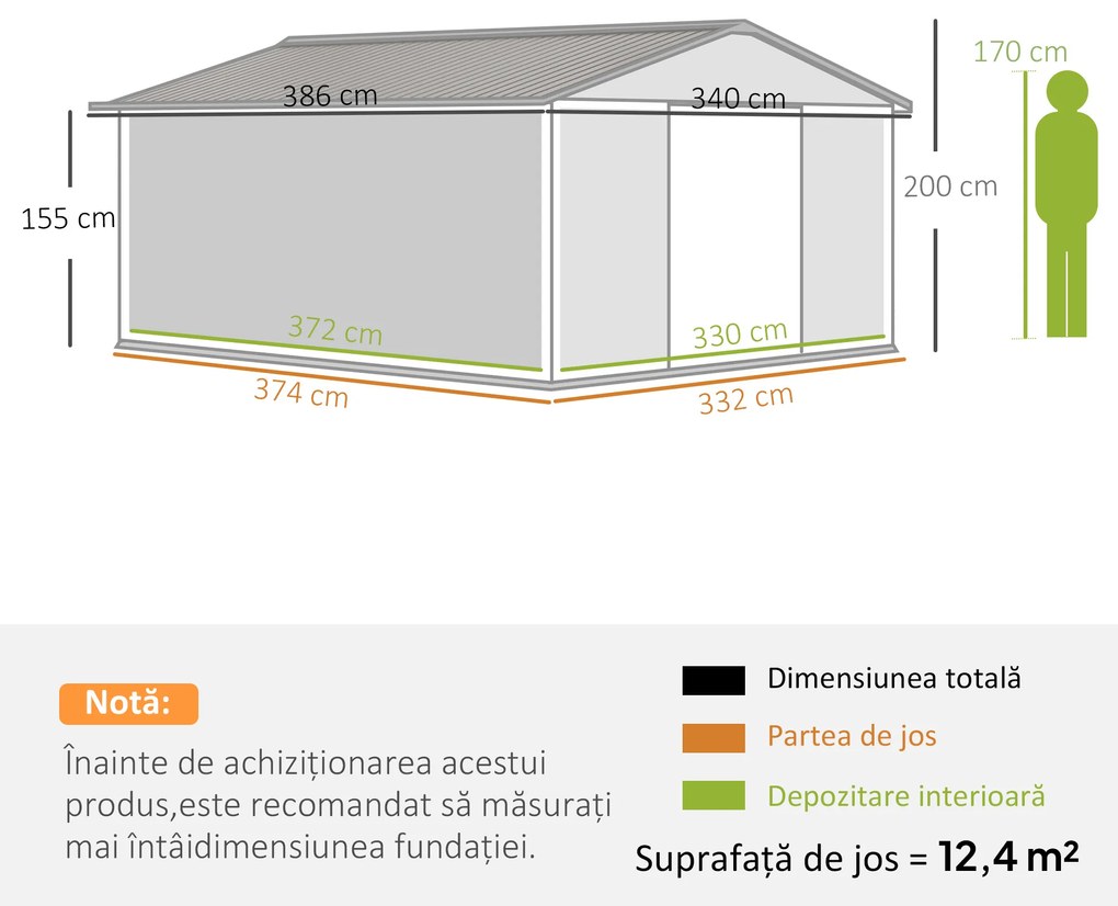 Outsunny Magazie pentru Unelte din Oțel Galvanizat, Magazie pentru Organizare și Depozitare 3.4x3.86x2 m, Verde | Aosom Romania