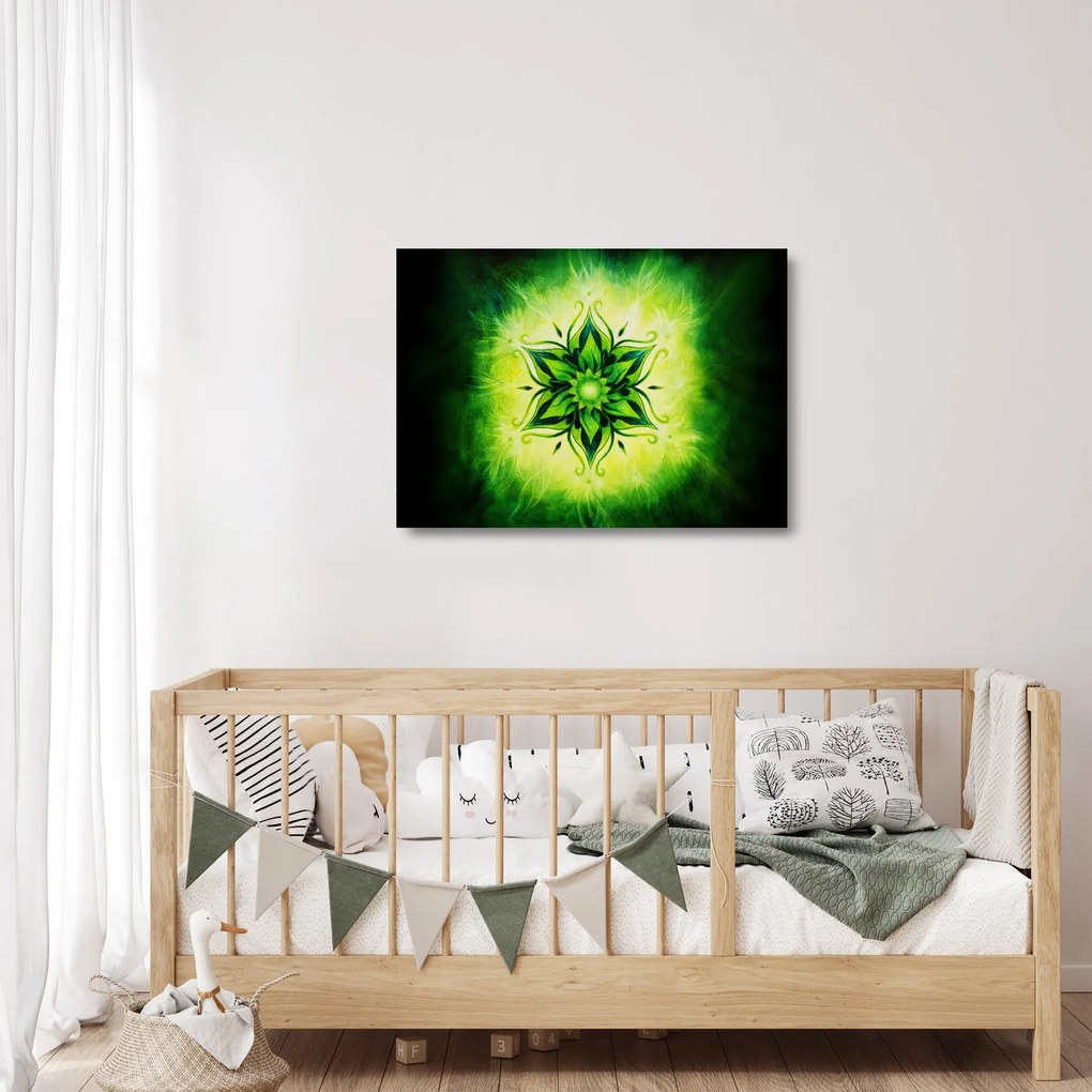 Tablou pe sticlă - Mandala de flori, fundal verde (70x50 cm)