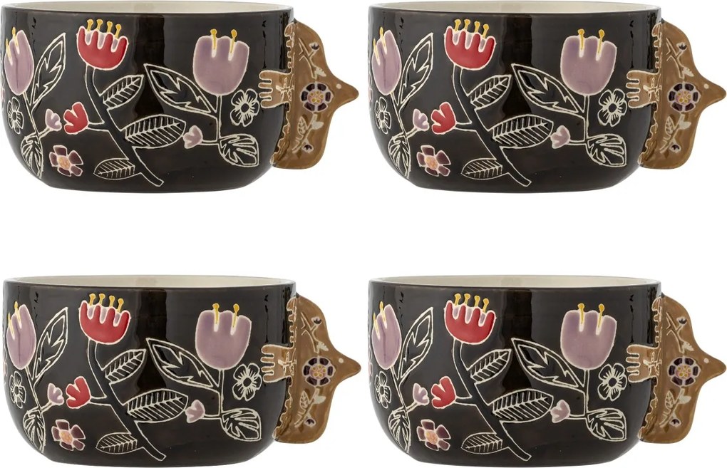Set 4 boluri din ceramică artizanală, multicolor, pictate manual cu motive florale, cu toarte sculptate în formă de pasăre, 13x8 cm, „Vivielle"