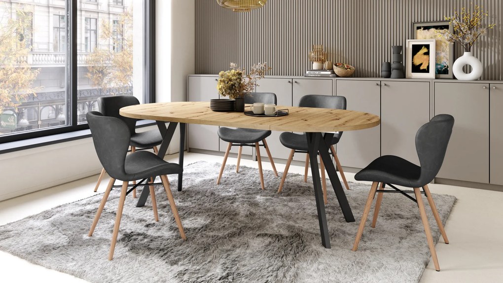 Mazzoni ALDO Stejar Artisan/picioare negre - MASĂ ROTUNDĂ STIL LOFT PENTRU SALON/SUFRAGERIE EXTENSIBILĂ CU PICIOARE ÎN FORMĂ DE "Y"