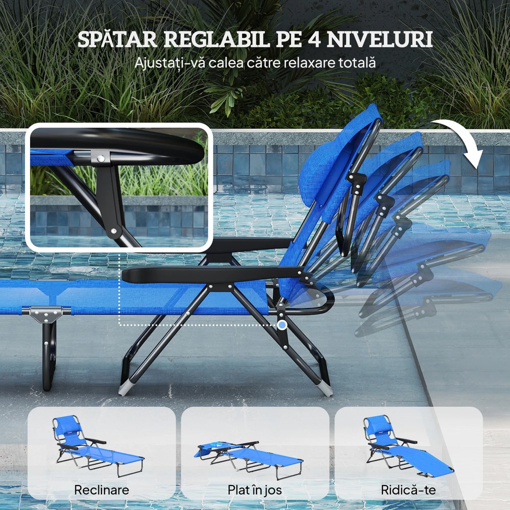 Outsunny Sezlong Plaja Pliabil cu 4 Nivele Rabatare si brațe, Greutate sustinuta 120 kg,Gri | Aosom Romania