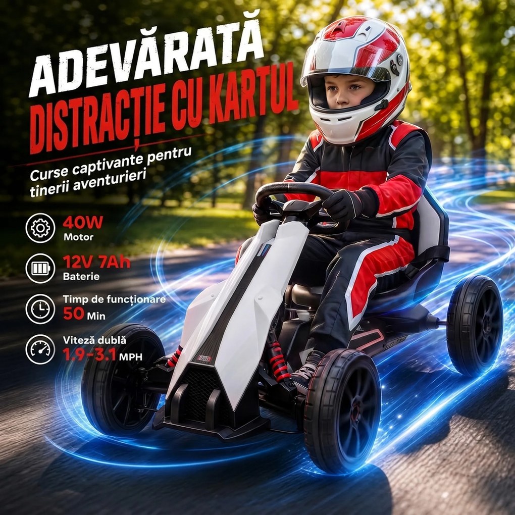 HOMCOM Go-Kart Electric Pentru Copii 3-8 Ani, 3-5 Km/h, Alb | Aosom Romania