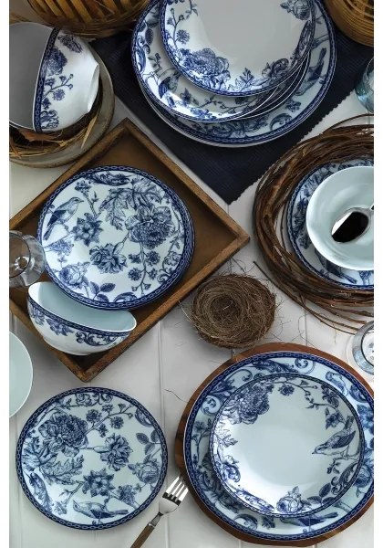 Set de veselă, 24 de piese, porțelan, alb/albastru