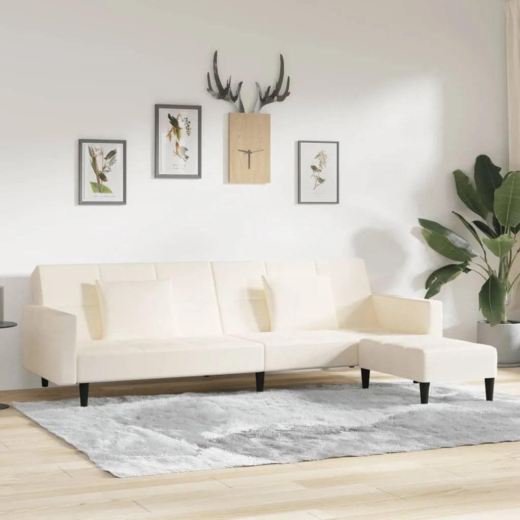 3080644 vidaXL Canapea extensibilă cu 2 locuri, 2 perne/taburet, crem, catifea
