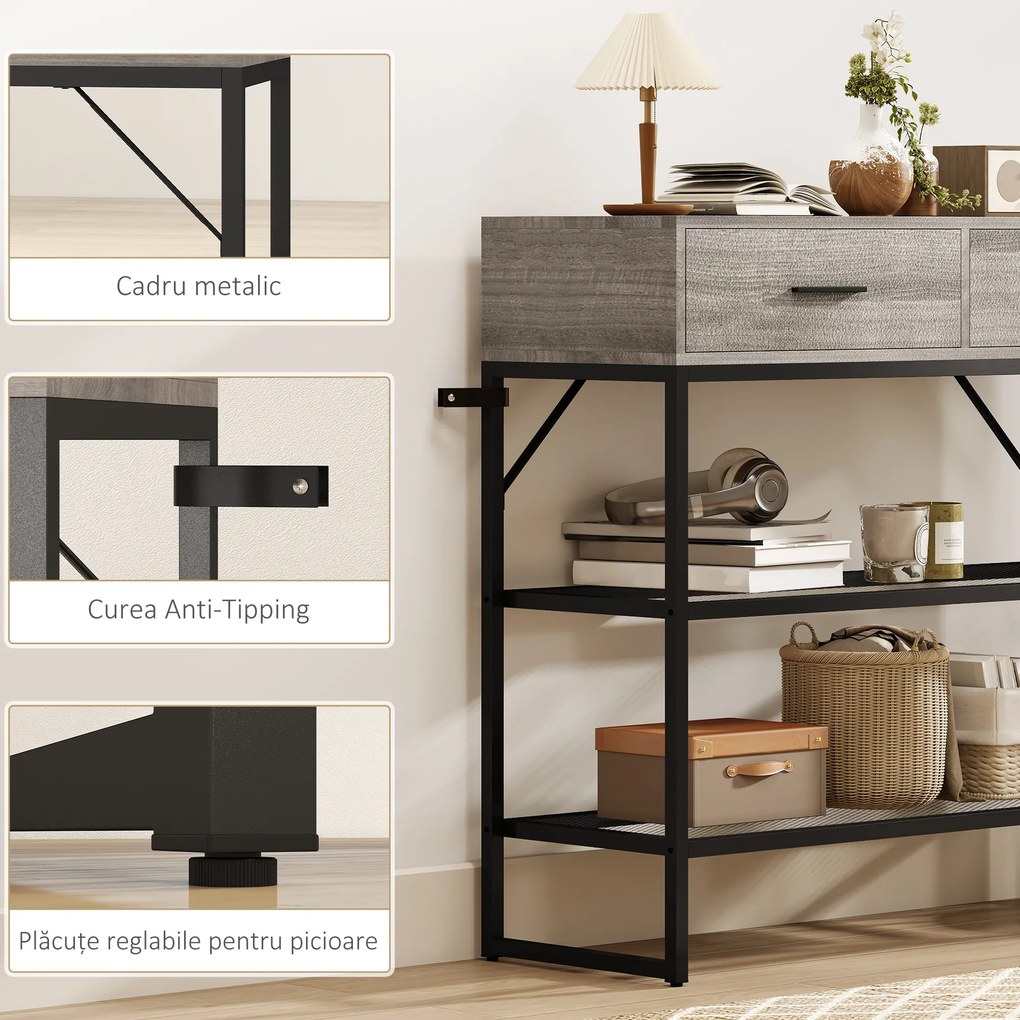 HOMCOM Console Table with 2 Drawers and 2 Mesh Shelves, Hallway Table with Metal Frame for Living Room, Entryway, Light Grey Wood Effect | Aosom Romania