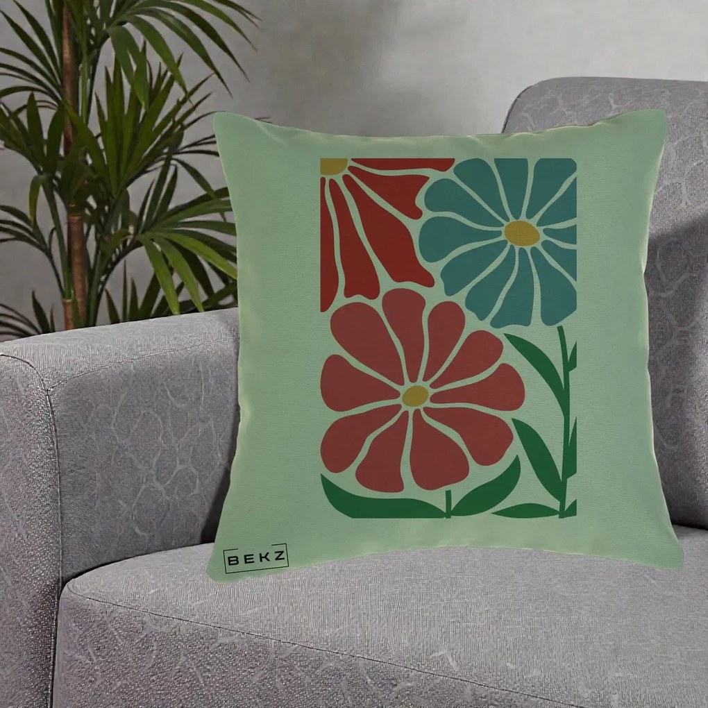 Perna Decorativa Flori Grafice Rosu-Albastru, 40x40 cm, Verde, Husa Detasabila, Perna Inclusa, BEKZ®