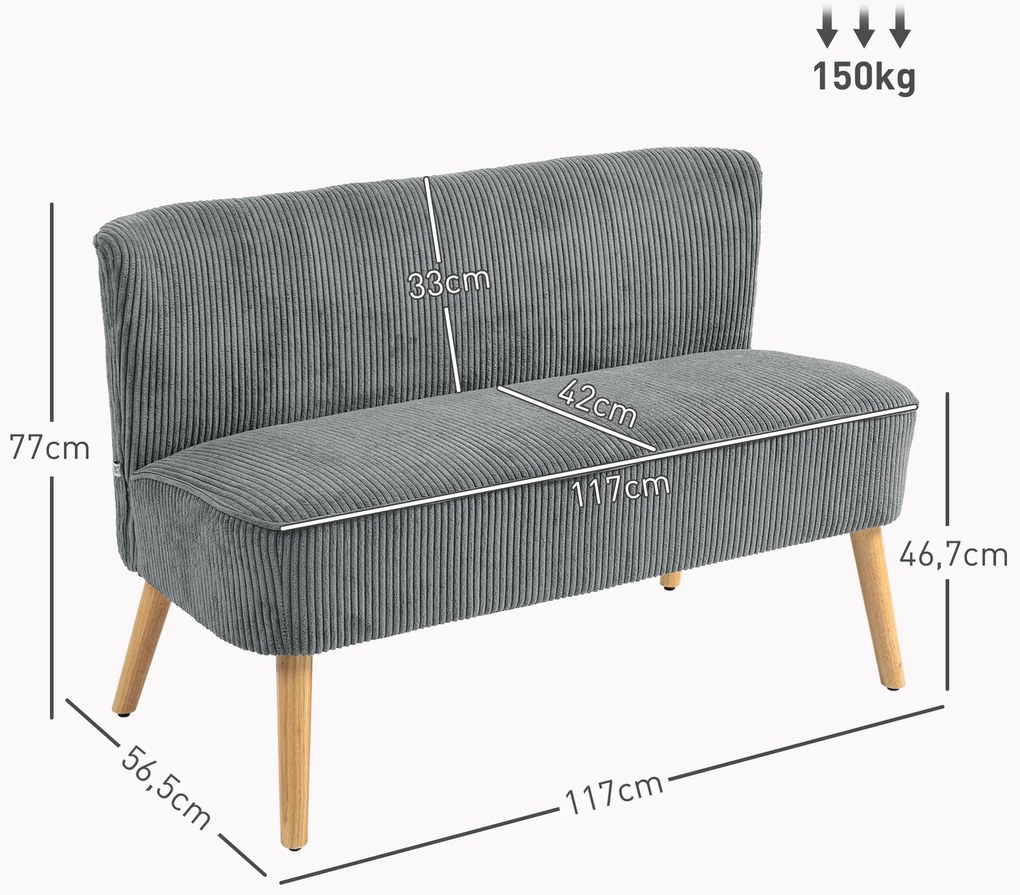 HOMCOM Canapea 2 Locuri Tapițată, Lemn, Poliester Catifelat, Spumă, 117 x 56,5 x 77 cm, Gri | Aosom Romania