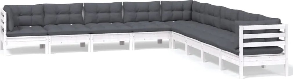 vidaXL Set mobilier de grădină cu perne, 9 piese, alb, lemn masiv pin