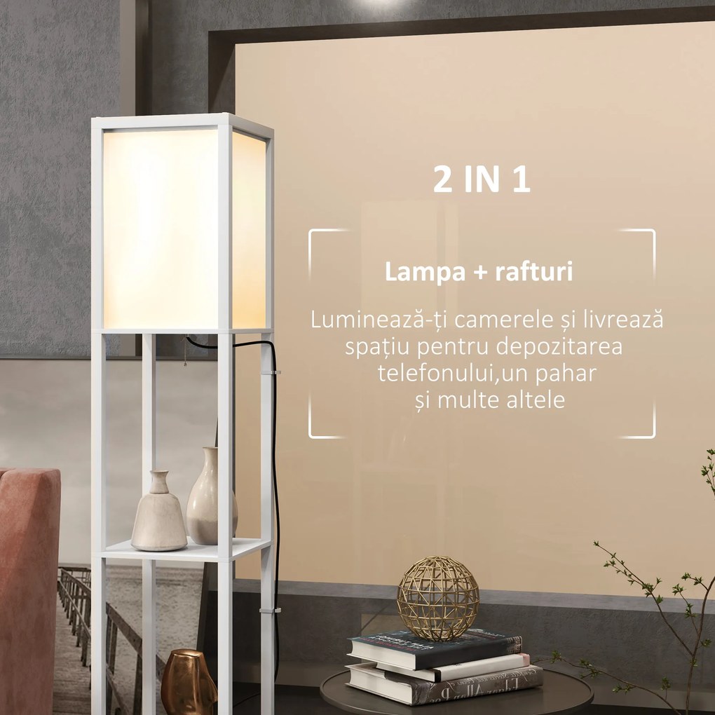 HOMCOM Lampă de Podea Modernă cu 2 Abajururi și 2 Rafturi, Lampă de Podea cu Întrerupător de Picior, 26x26x156 cm, Alb | Aosom Romania