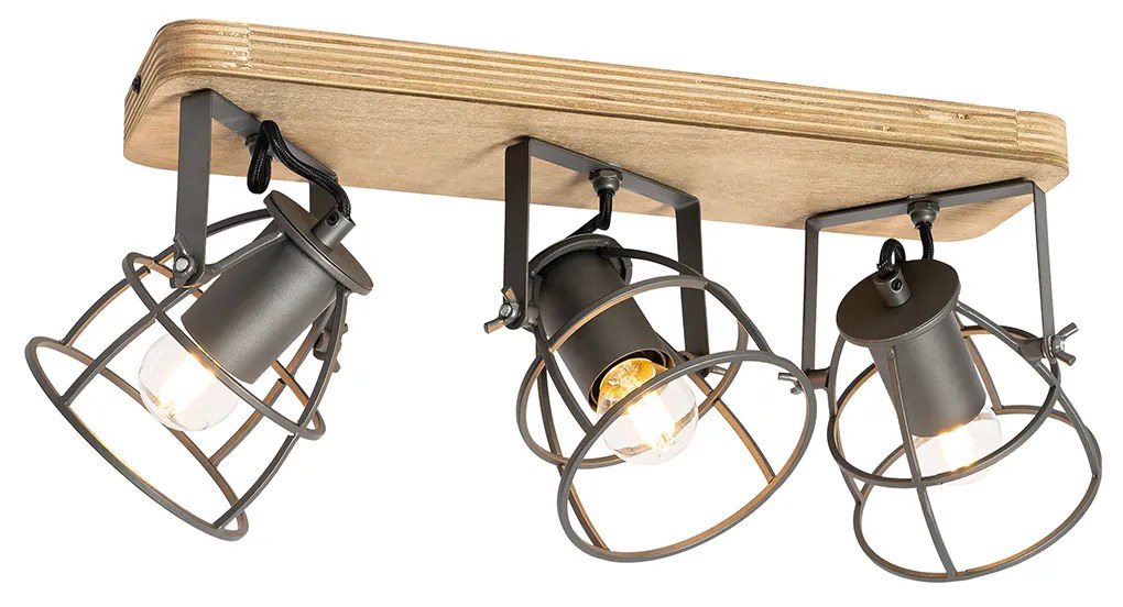 Spotlight industrial gri închis cu lemn reglabil 3 lumini - Arthur