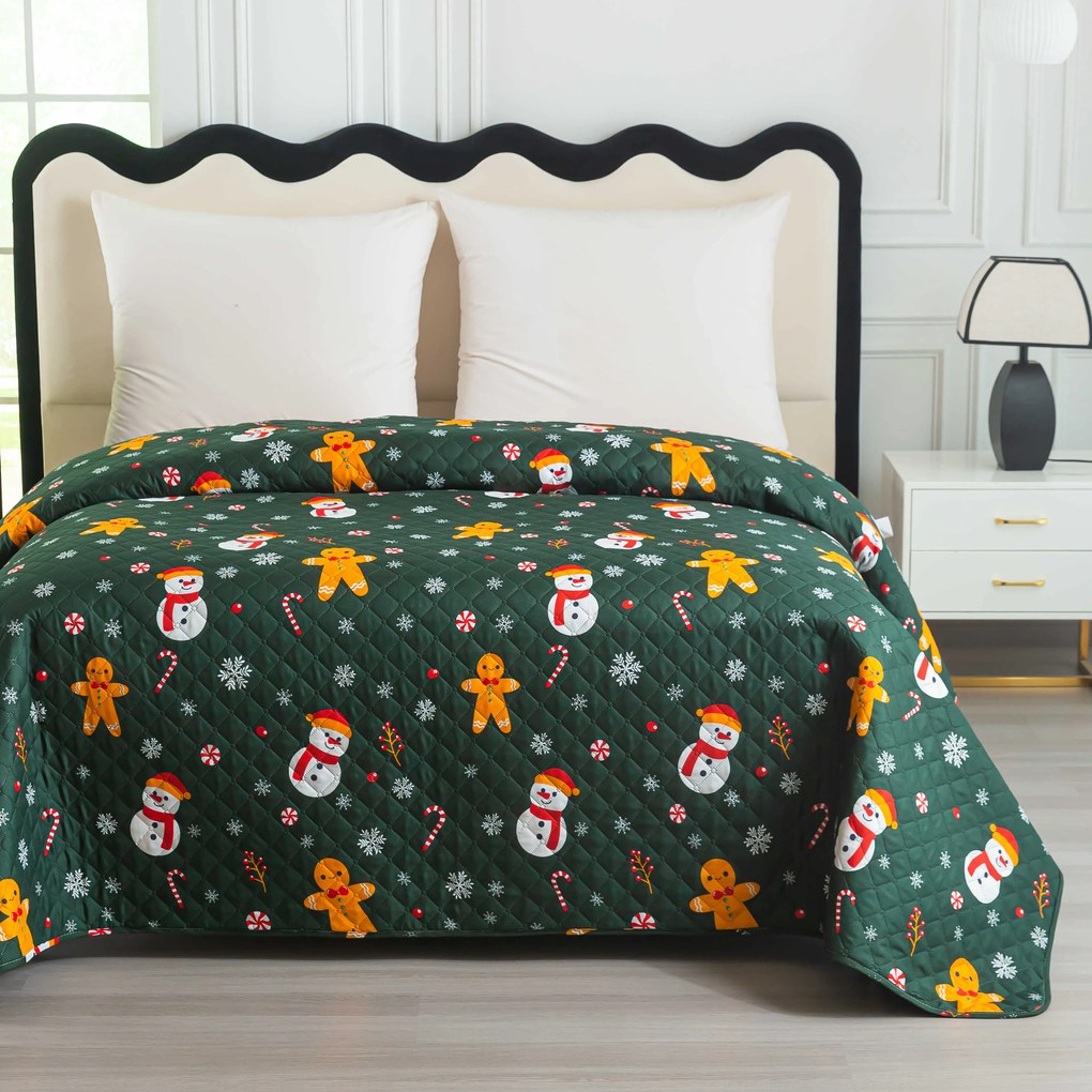 Cuvertura de pat SNOWMAN AND GINGERBREAD, verde Dimensiune: 170 x 210 cm