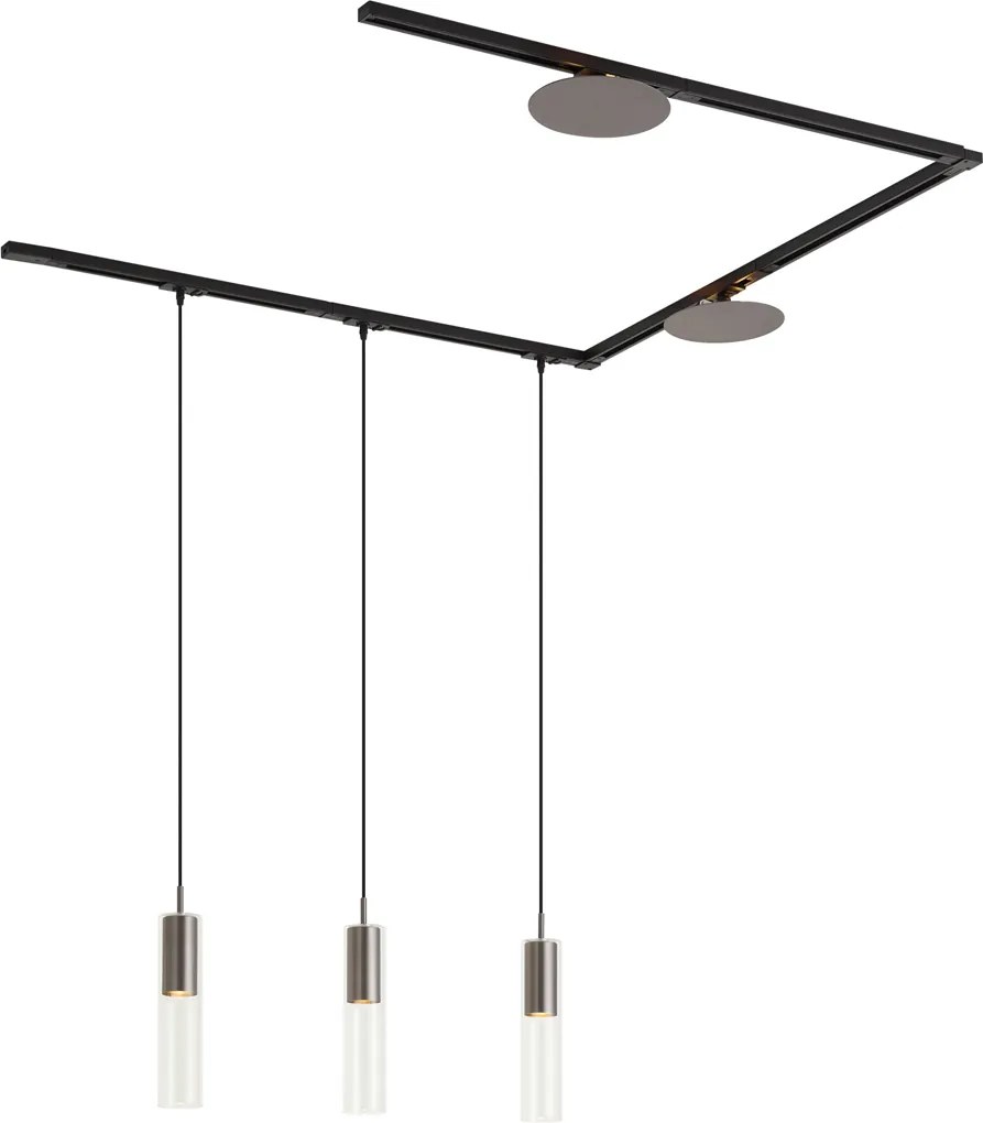 Sistem de iluminat cu șină modern negru cu 3 lămpi suspendate și 2 spoturi de tavan gunmetal monofazate - Iconic Lloyd Pulley