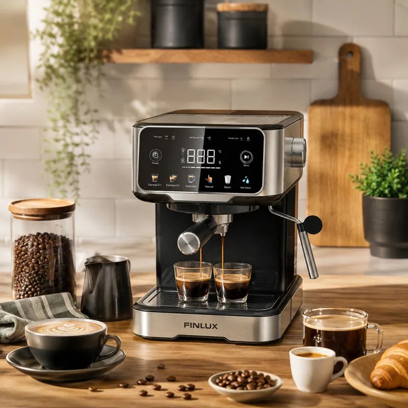 Espressor manual pentru cafea macinata Finlux FEM-1655BS, 1100 W, 20 bar, 1,5 l, Ecran tactil, Bloc termic, Duza de abur, Argintiu/Negru
