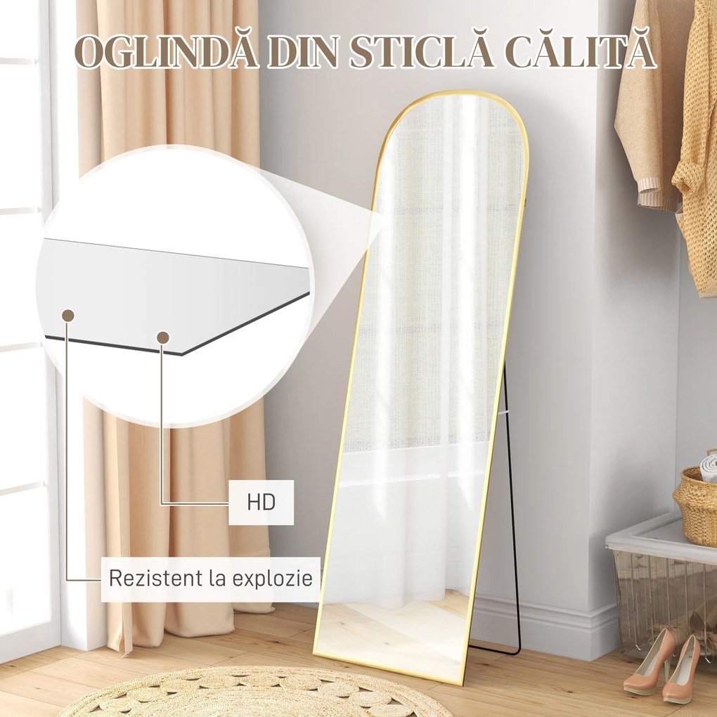 HOMCOM Oglindă de Podea și Perete cu Suport Pliabil, 50x161.5cm, Auriu | Aosom Romania