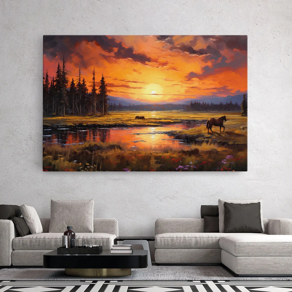 Tablou Canvas, 90x140cm, Dormitor si Living, Moderne, Textura de pictura, Wild Horses Painting
