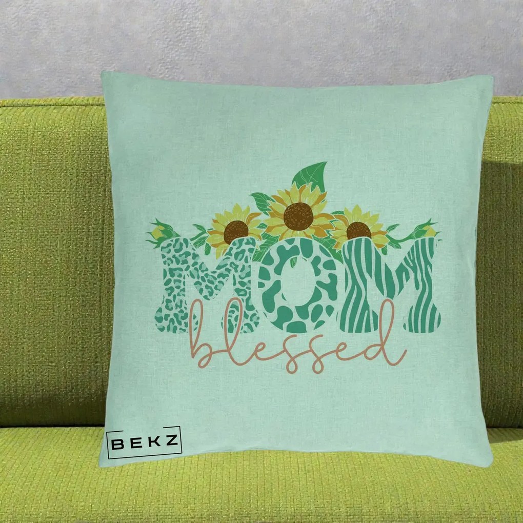 Cadou pentru Mama - Perna Personalizata Mom Blessed cu Floarea Soarelui Animal Print Teal, 40x40 cm, Verde Menta, Husa Detasabila, Perna Inclusa, BEKZ®