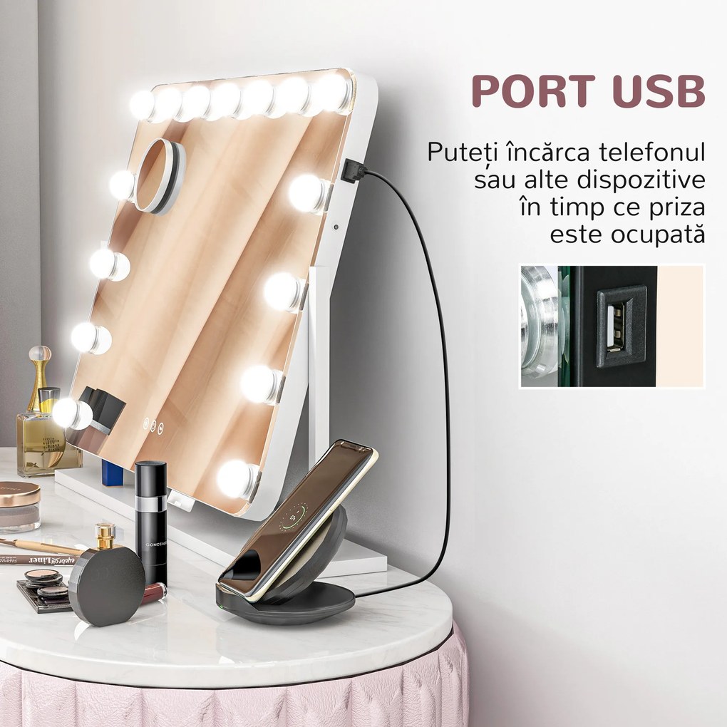 HOMCOM Oglindă Machiaj cu 15 LED-uri din Sticlă și Metal Alb | Aosom Romania