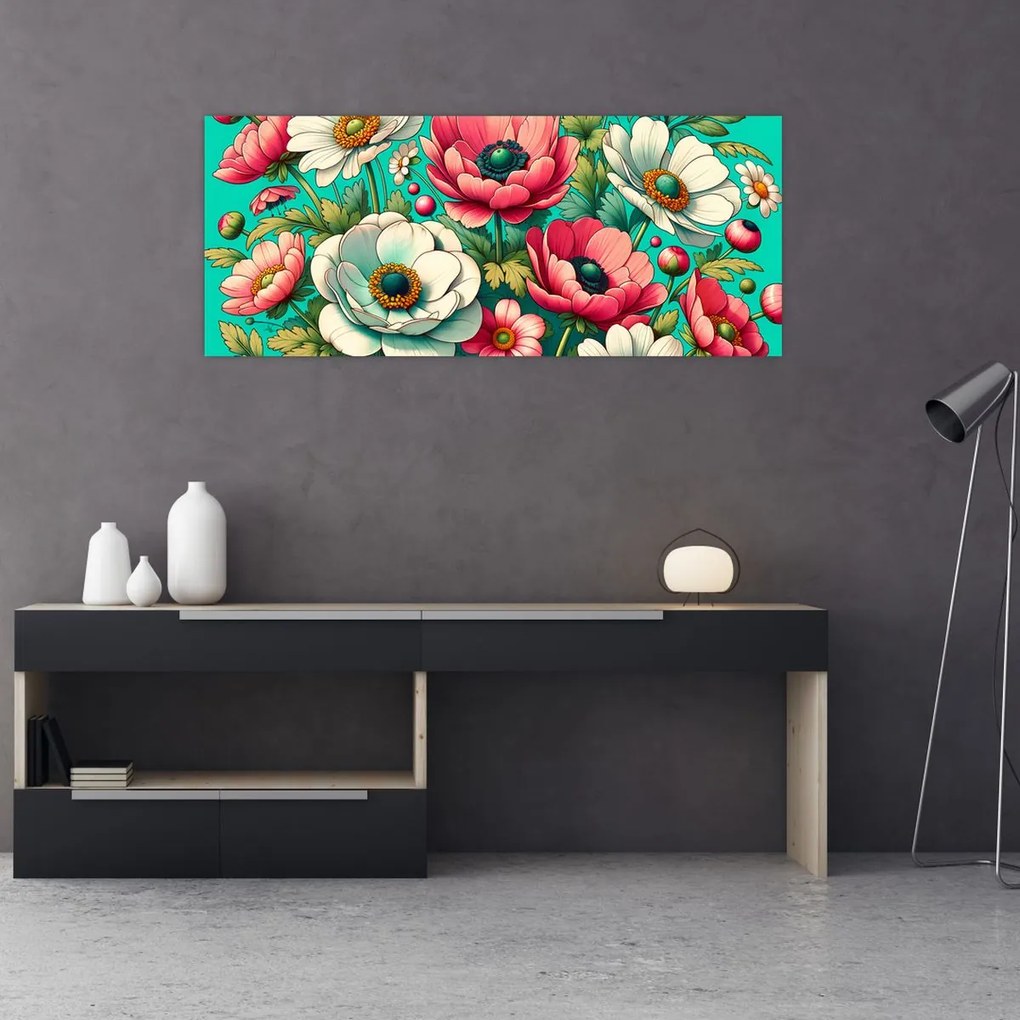 Tablou - Flori pe fundal albastru (120x50 cm)