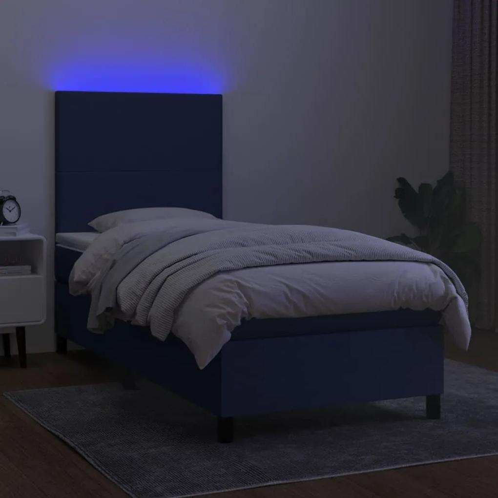 Pat cu arcuri, saltea si LED, albastru, 90x200 cm, textil Albastru, 90 x 200 cm, Design simplu