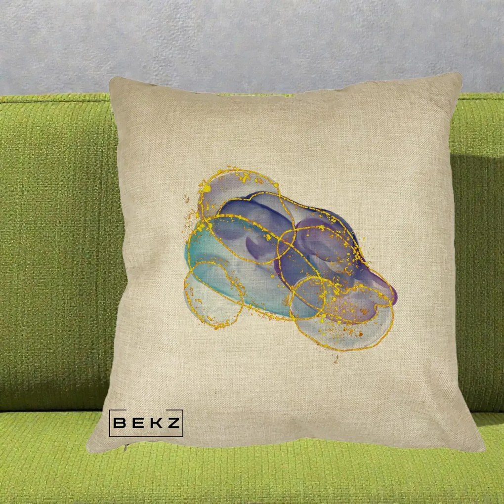 Perna Decorativa Abstract Acuarela Albastru-Mov cu Cercuri Aurii, 40x40 cm, Crem, Husa Detasabila, Perna Inclusa, BEKZ®
