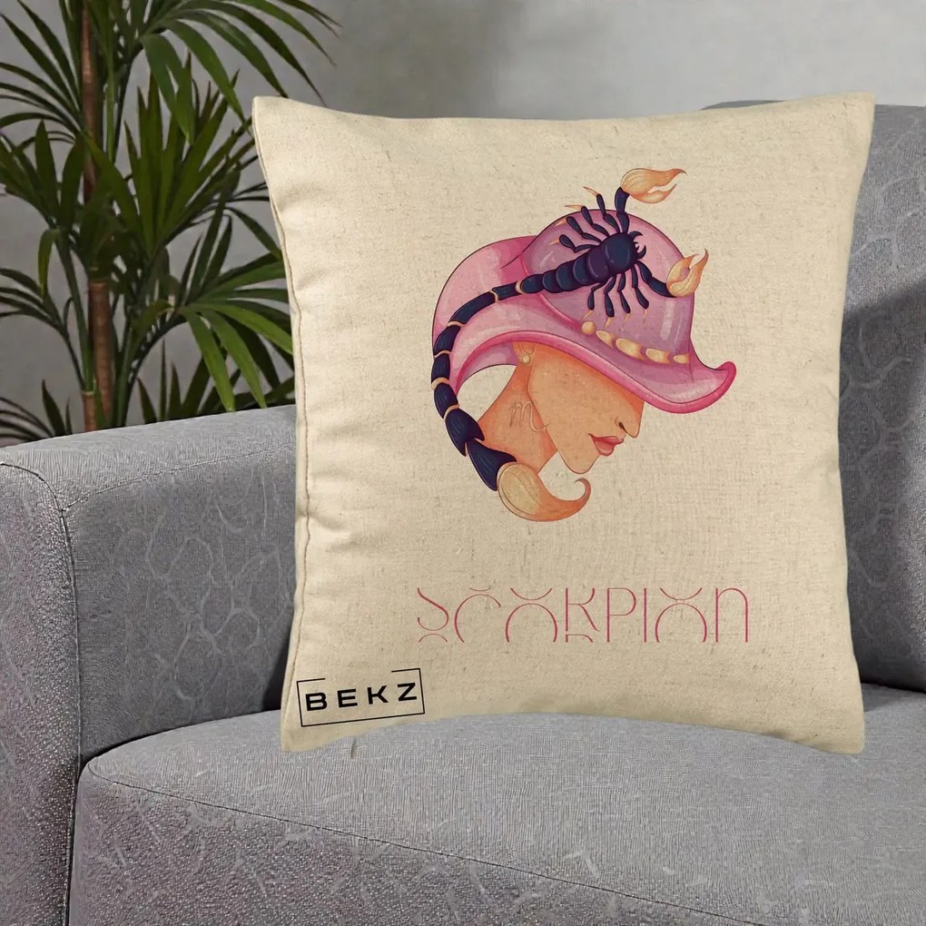 Perna Personalizata Zodiac Scorpion Cowgirl, 40x40 cm, Bej, Husa Detasabila, Perna Inclusa, BEKZ®