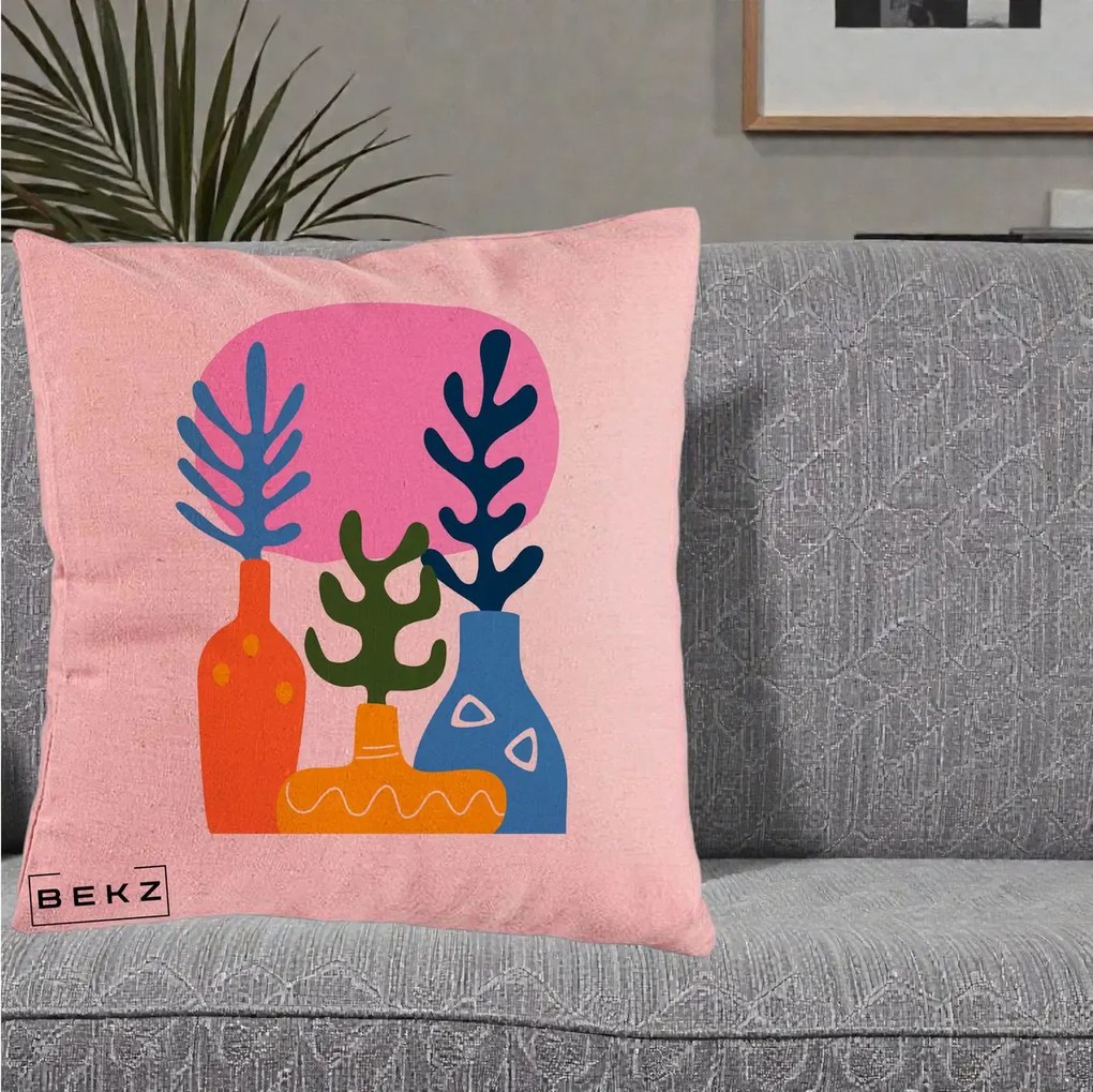 Perna Decorativa Vaze Botanice Abstract, 40x40 cm, Roz, Husa Detasabila, Perna Inclusa, BEKZ®