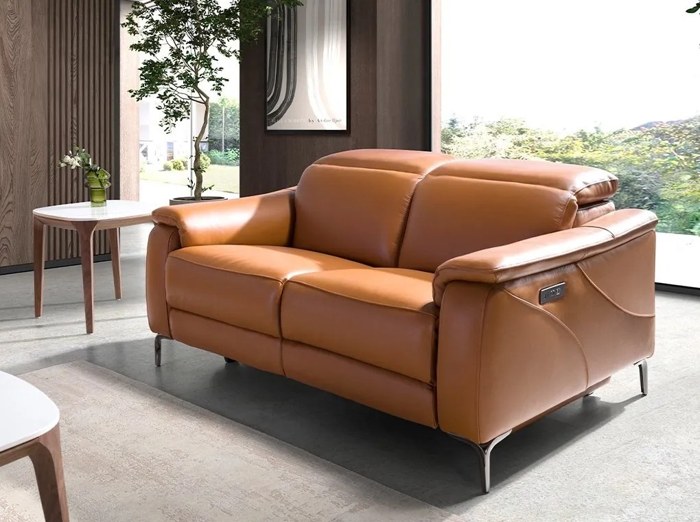 Canapea 2 locuri eleganta, design LUX cu functia relax Cowhide brown leather