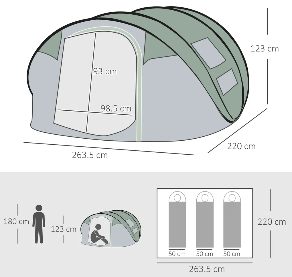 Outsunny Cort de Camping Pop Up pentru 2 Persoane cu 2 Uși, 4 Ferestre și Înveliș Impermeabil, 263.5x220x123 cm, Verde | Aosom Romania