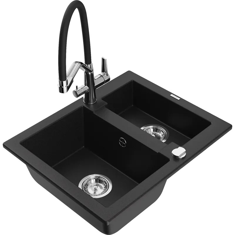 Mexen Carlos chiuvetă de bucătărie din granit cu 1,5 compartimente și baterie Duo, negru - 6518-77-671701-07