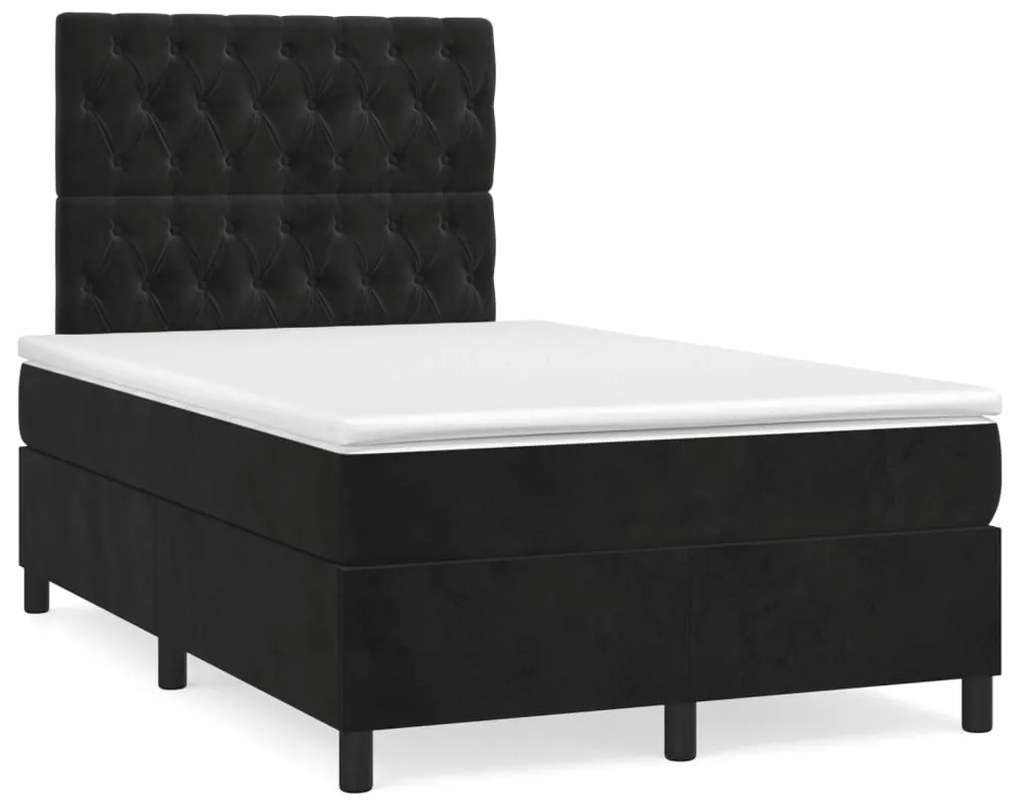 Pat box spring cu saltea, negru, 120x200 cm, catifea Negru, 120 x 200 cm, Design cu nasturi