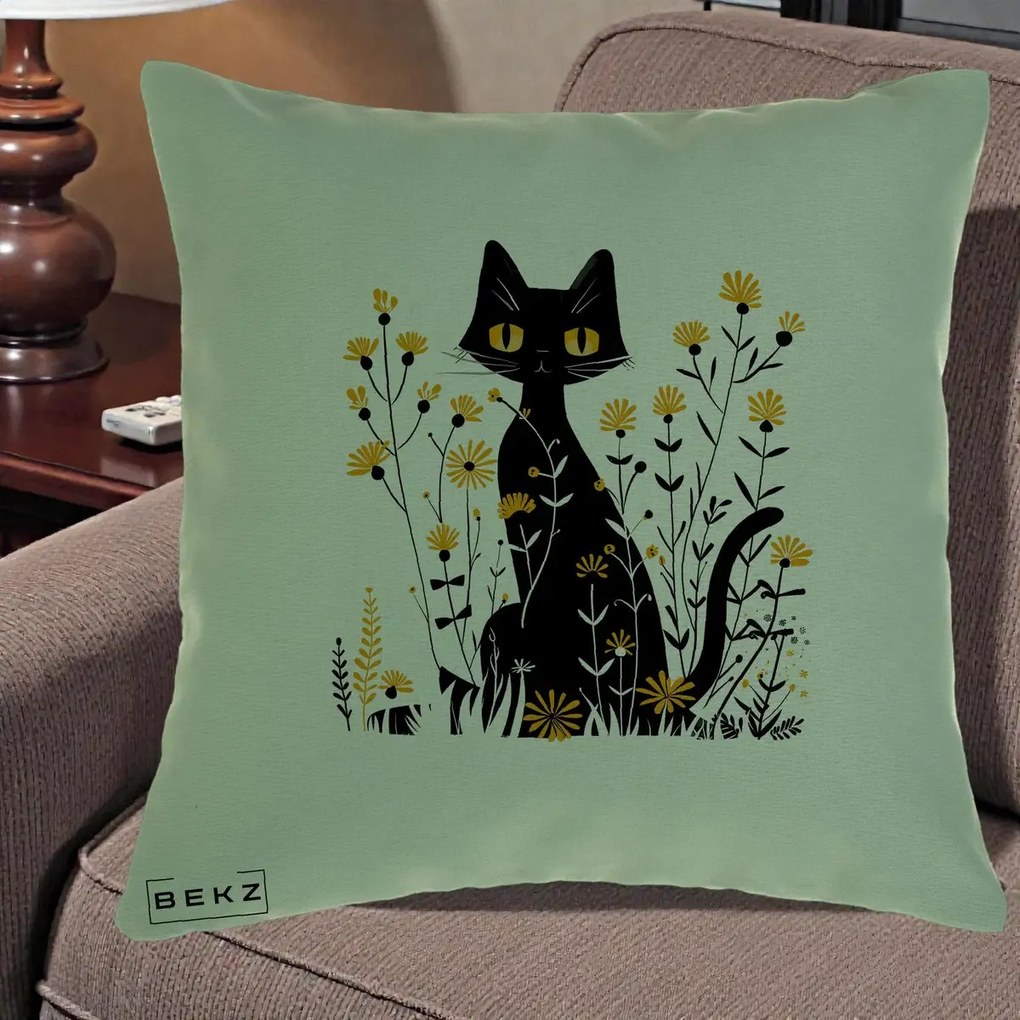 Perna Decorativa Pisica Neagra Ochi Galbeni Flori Galbene, 40x40 cm, Verde, Husa Detasabila, Perna Inclusa, BEKZ®