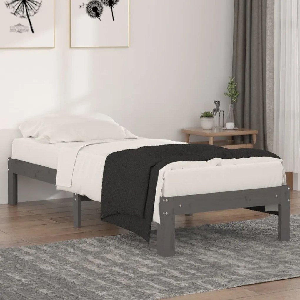 810327 vidaXL Cadru de pat mic single, gri, 75x190 cm, lemn masiv