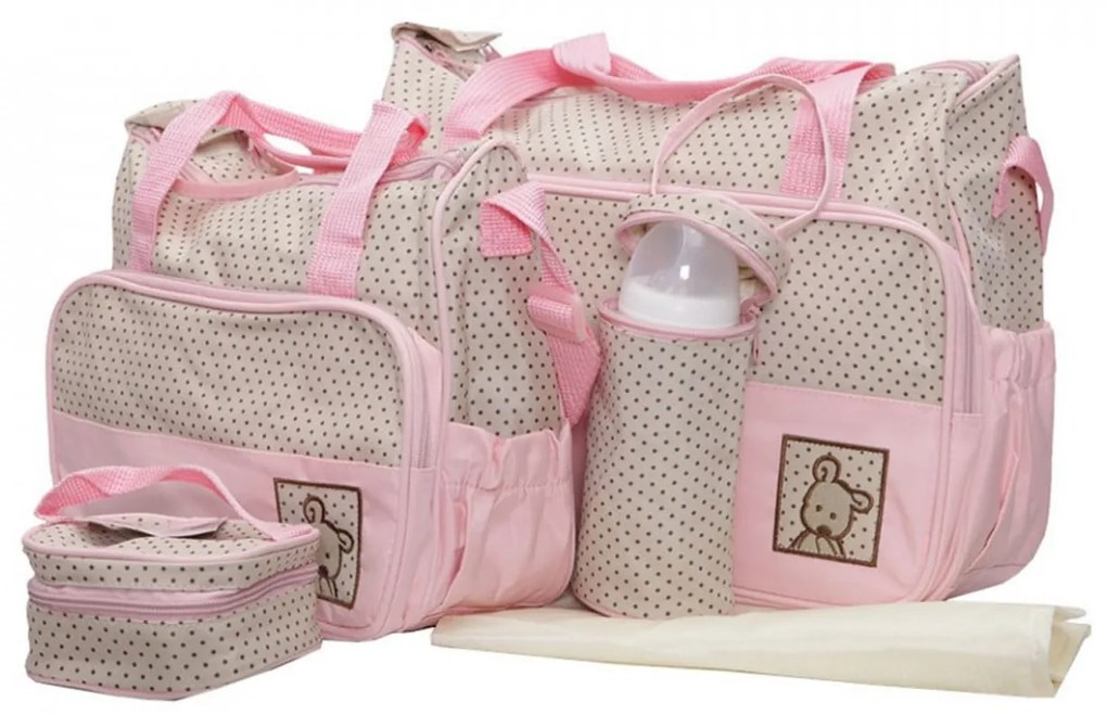 Set 3 genti bebe NOVOKIDS™ Mastella atasabile la carucior, Capacitate mare, Geanta termos biberoane inclusa, dimensiune 39X35X10 cm, Roz si Crem